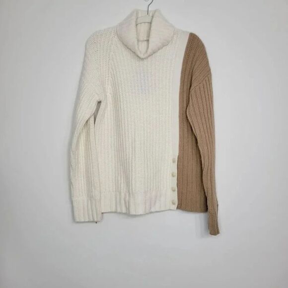NAADAM Rib Knit  Wool-Cashmere-Blend Color Block Buttoned Turtleneck - Picture 2 of 9